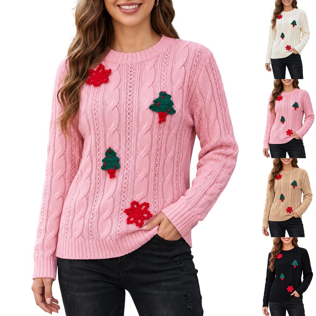 Women's Christmas Tree Snowflake Pattern Knit Sweater for Holiday Party and Winter Wear