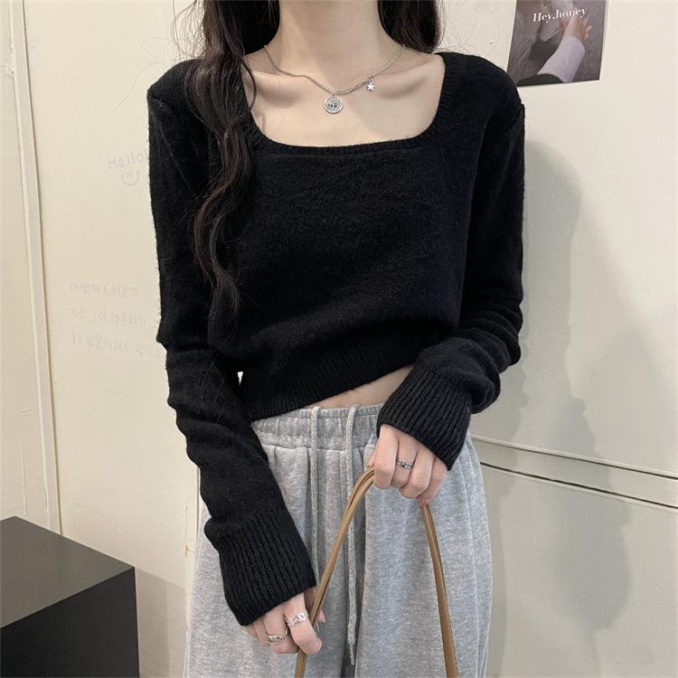 White knitted sweater women's autumn inner square collar short new design T-shirt