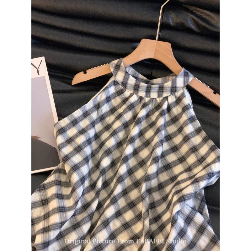 Retro Plaid Halter Neck Shirt for Women Versatile Summer Bud Vest Off Shoulder Sleeveless Top