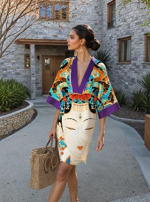 2026 summer European and American new loose printing V-neck women's casual vacation dress