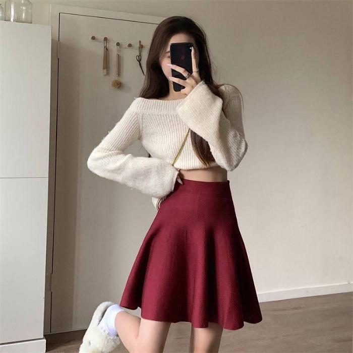 

Tmall 2025 Women s Autumn-Winter High Waist Knit Midi Skirt One Size вино красного