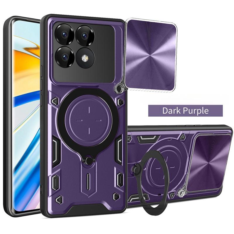 Magnetic Ring Stand Armor Funda for Xiaomi Poco F6 Pro Case Slide Camera Lens Cover for Poxo Poko Little F 6 Pro F6Pro Pocof6 5G