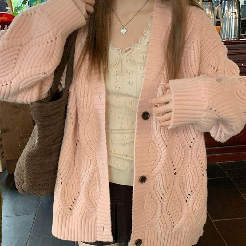 Women's Pink Knit Cardigan Sweater Coat - Korean Style, Loose Fit, Autumn/Winter.