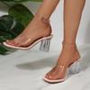 One Buckle Rhinestone Block Heel Sandals Women's Summer New Square Toe Open Toe Sheer Strap Pump Shoes