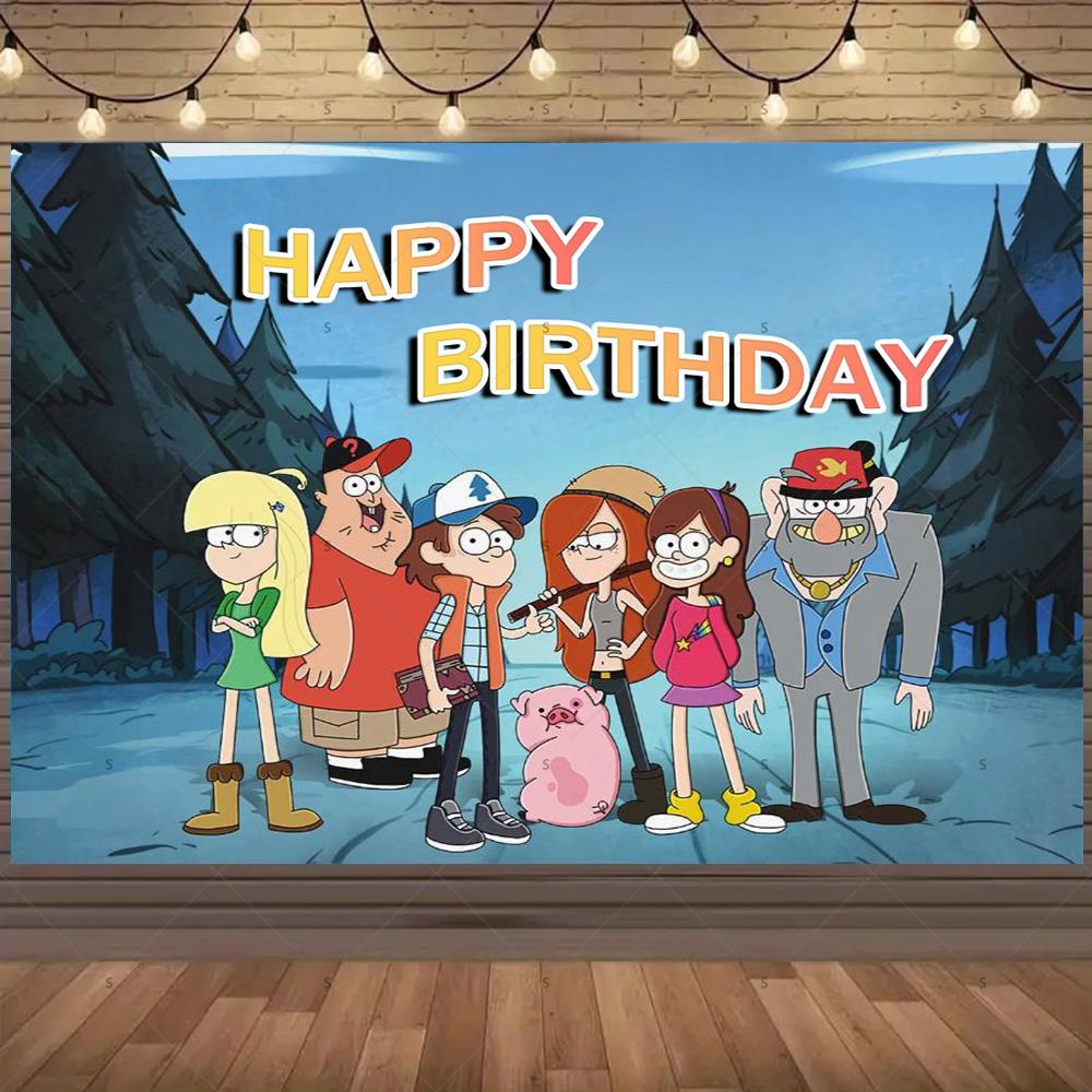 G&Gravity F-Falls Theme Birthday Party Decoration Cartoon Backdrop Banner Cake Topper Number Balloon Baby Shower Party Supplies