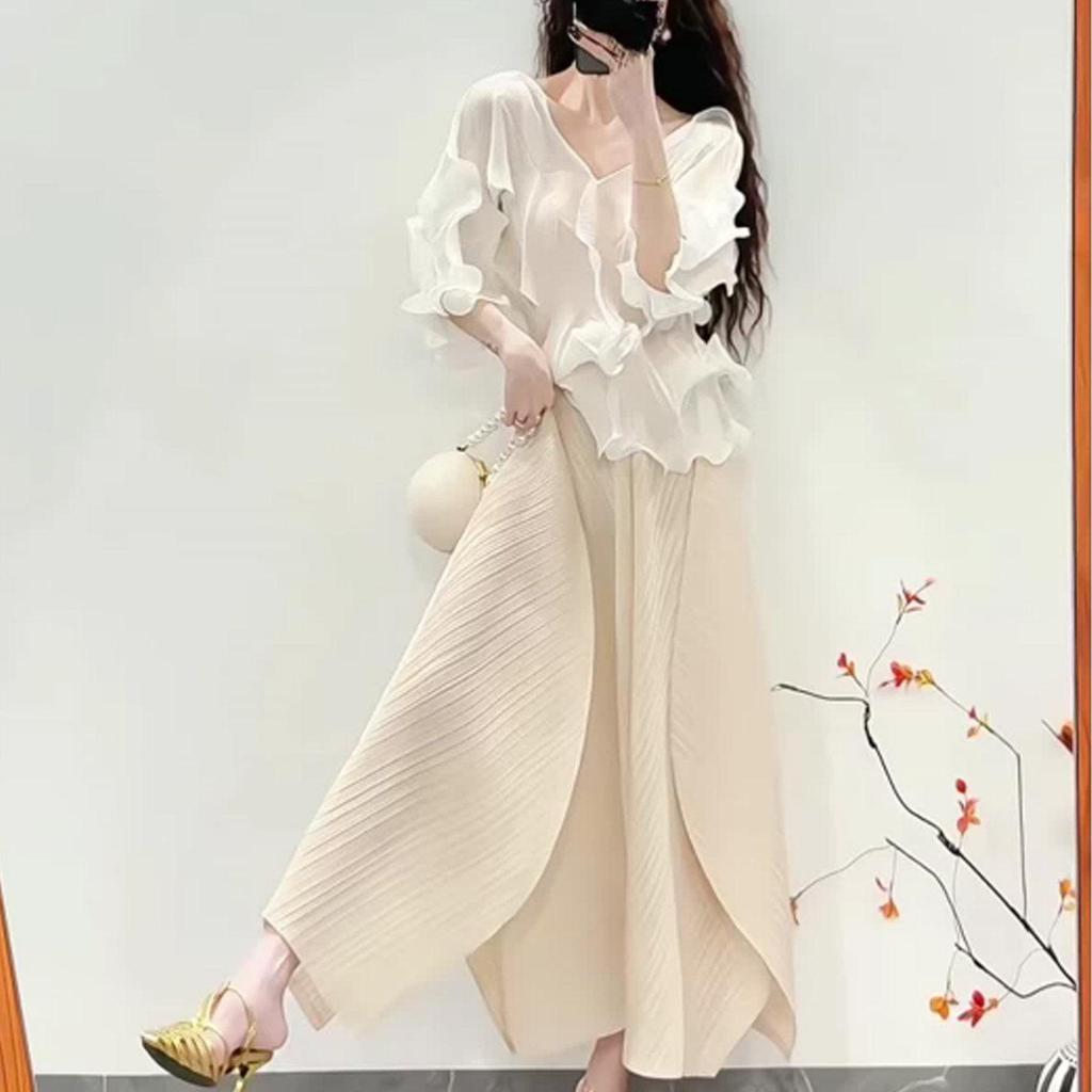 Miyake Pleats V-neck Lace Korean Top & Elegant Long Skirt Set