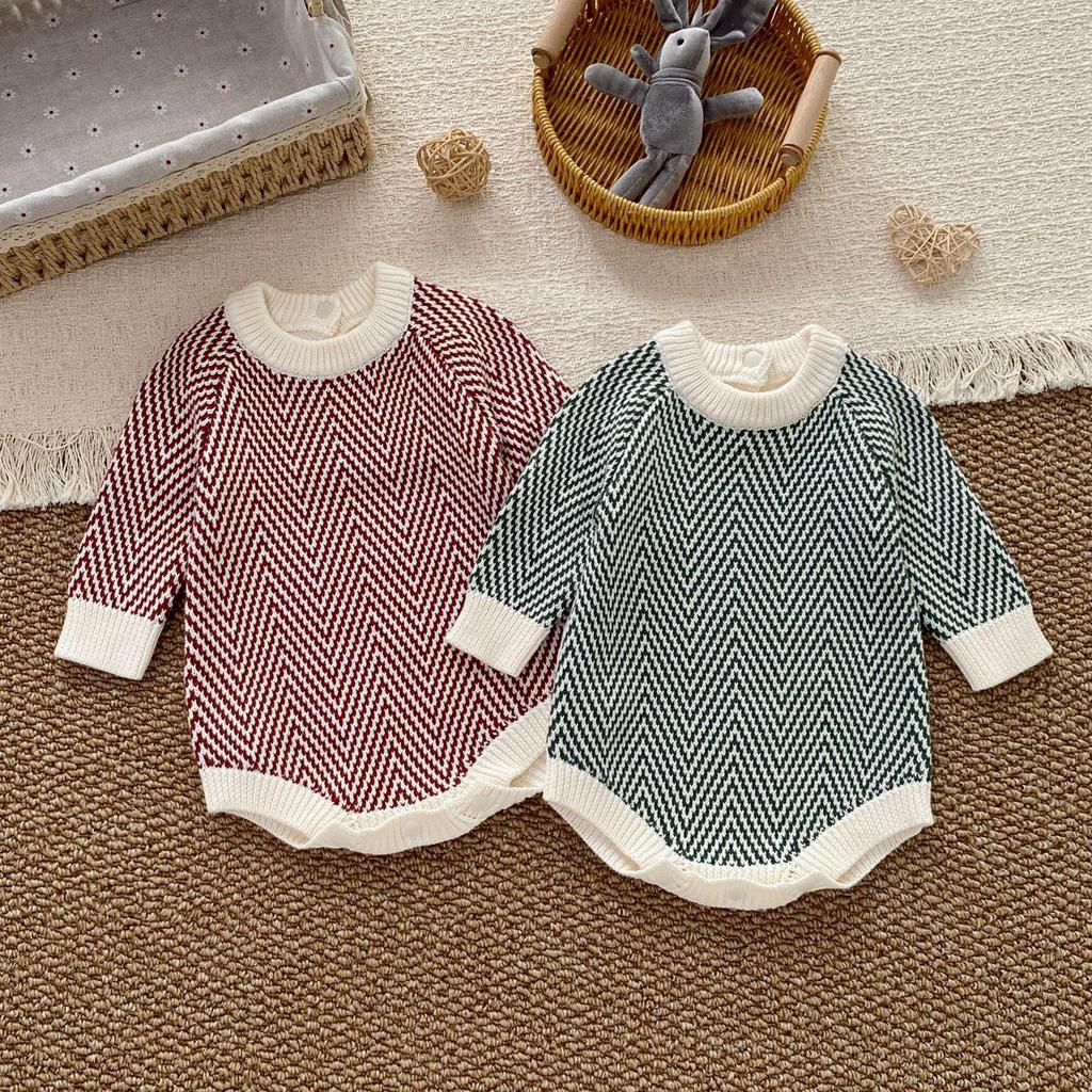 Infant & Toddler Cotton Knit Wave Stripe Rompers - Unisex Autumn/Winter Style