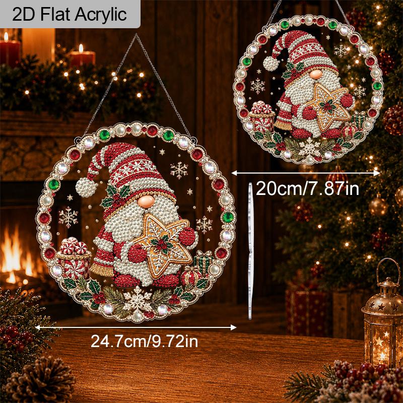 2D Flat Christmas Gnome Pearl Diamond Painting Hanging Ornament, 3D Mixed‑Sized Pearl Beads Craft Acrylic Hanging Kits, 9.72Inch/7.87Inch Two Sizes