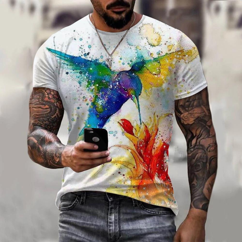 T-shirt Men's 3D Printed Bird Animal Ink Painting Pattern Summer Men And Women Fashion Casual Oversized Crew Neck T-shirt Top