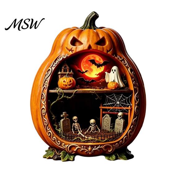 Rustic Halloween Tabletop Decor Centerpiece Pumpkin, Wooden Pumpkin Ornament with Miniature Scenes, Jack-o'-lantern Table Decorations Skeleton