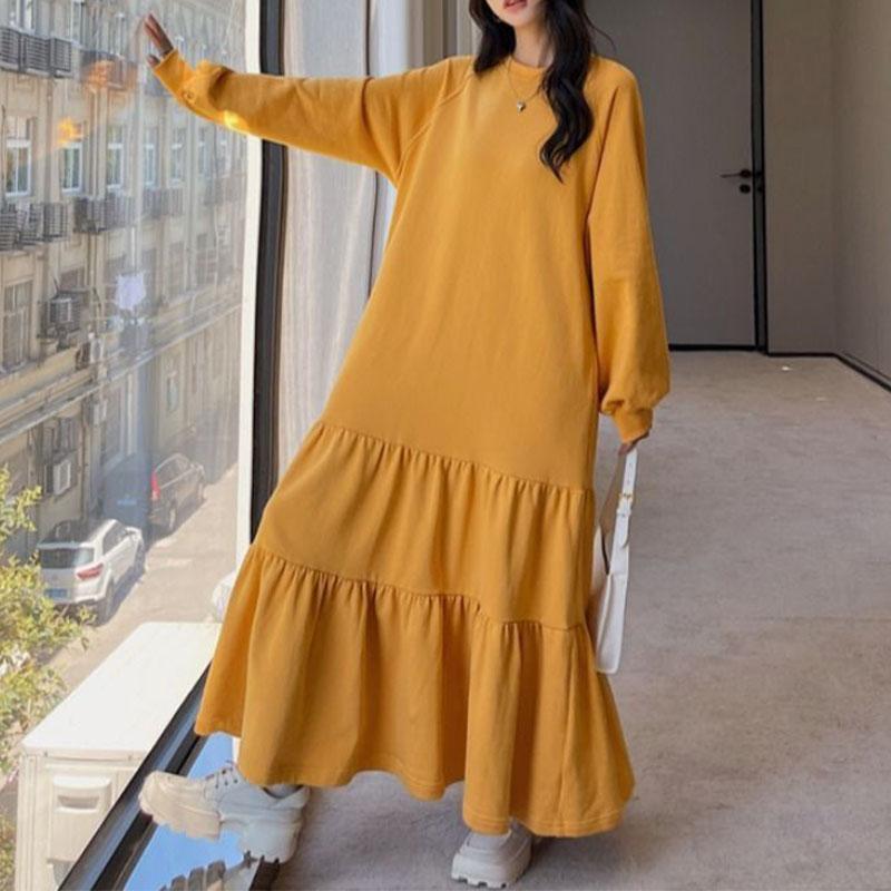 Long Sleeve Plus Fleece Thicken Dress Large Size Loose Lazy Wind Thermal Round Neck Long Solid Youth Comfortable Mermaid Dresses