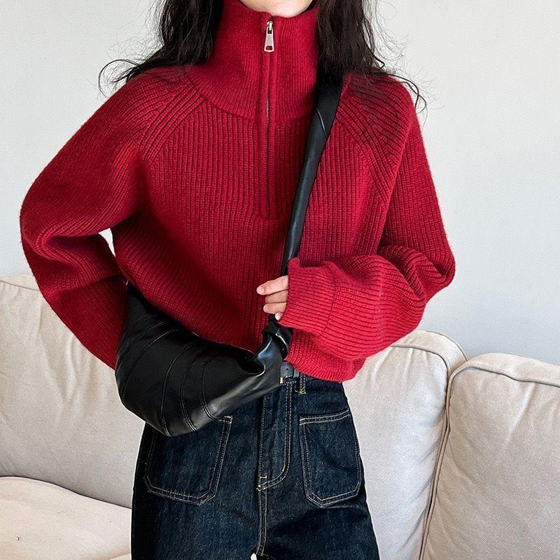 Women's Loose Knitted Pullovers Half Zipper Autumn Winter Turtleneck Sweaters Casual Comfortable Full Sleeve
