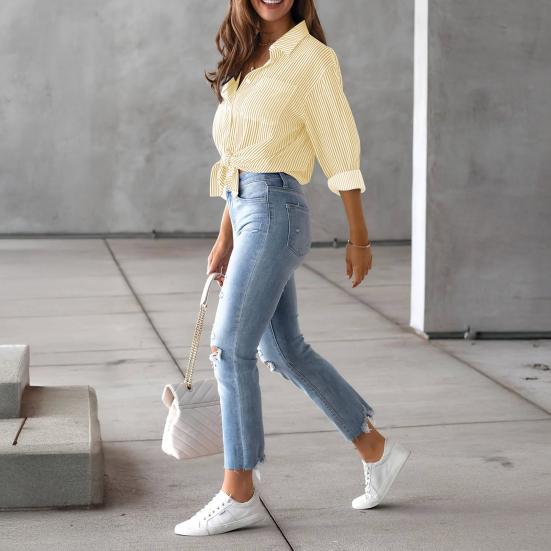 Women Shirt Lapel Long Sleeve Single Breasted Shirt Tops with Patch Pocket Loose Fit Breathable Office Tops