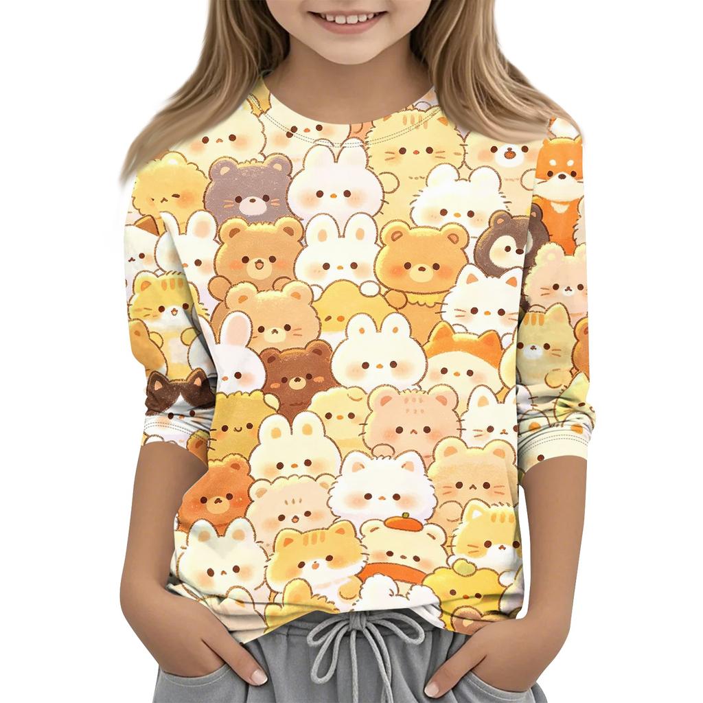 Kids Animal Print Crew Neck Three Quarter Sleeve Casual T Shirt Soft Fabric Comfortable Fit Lightweight Design Suitable for Everyday Wear
