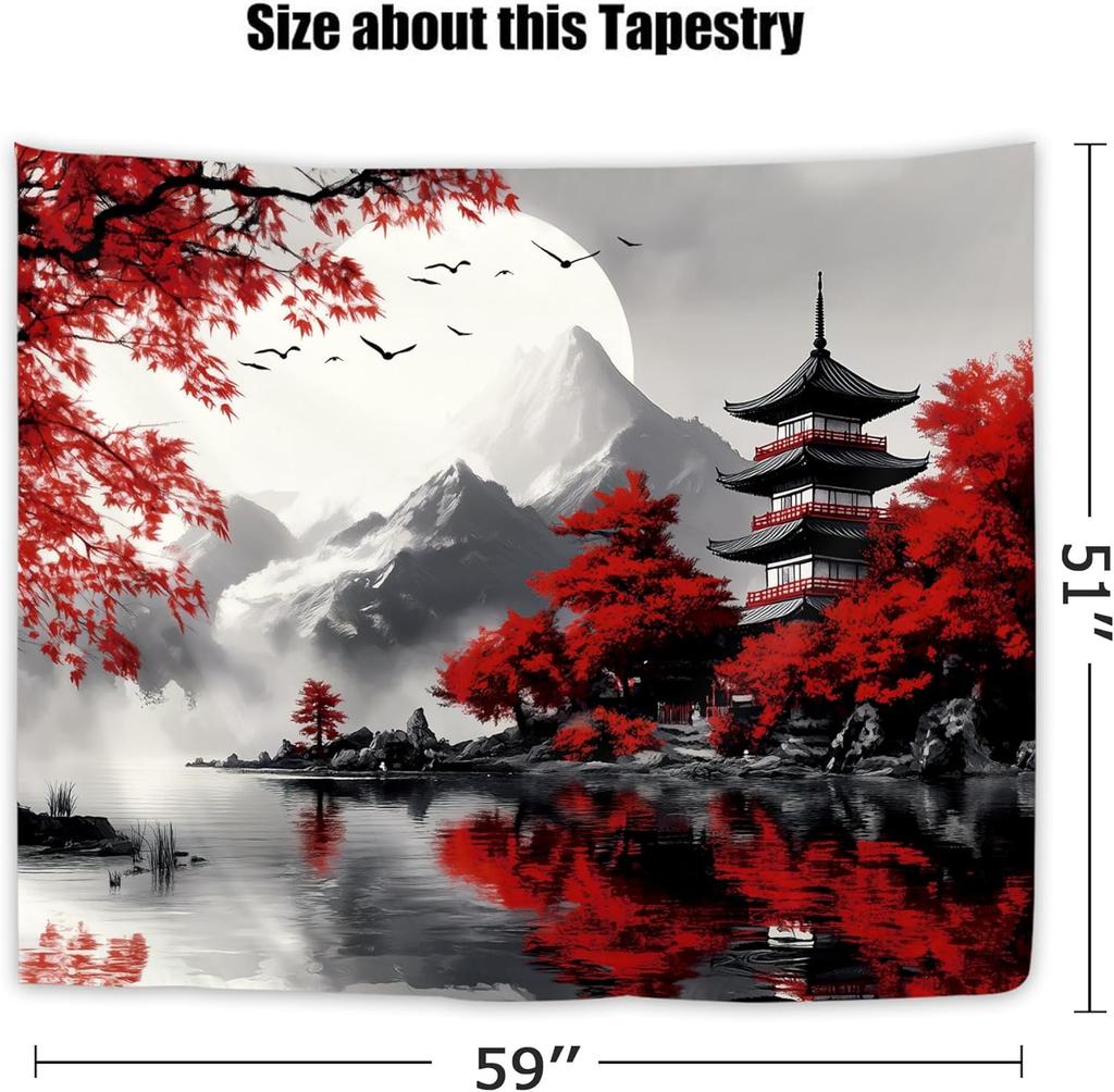 Japanese Red Maple Tapestry, Black And White Fuji With Red Trees And Pagoda By Lake Print Wall Hanging For Bedroom Living Room