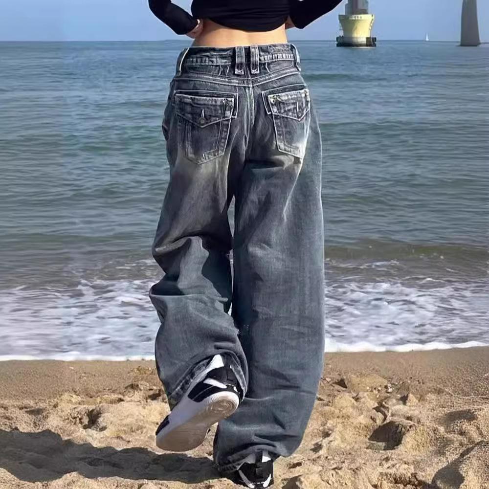 American Retro Washed Wide-leg Jeans Y2k Street Cat Whisker Pattern Design Sense Loose Straight Mopping Trousers Women