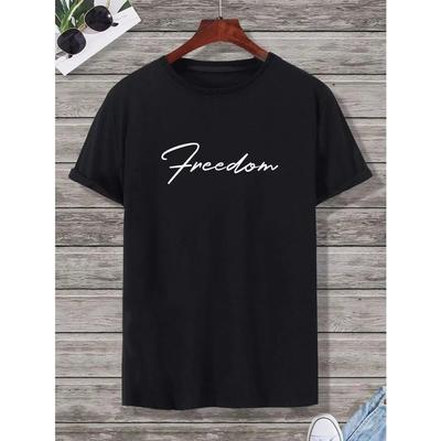 'Freedom' Print T-Shirt für Herren, lässig, Rundhalsausschnitt, Kurzarm, modische Sommer-T-Shirts, Oberteile, reguläre und Oversize-Tees