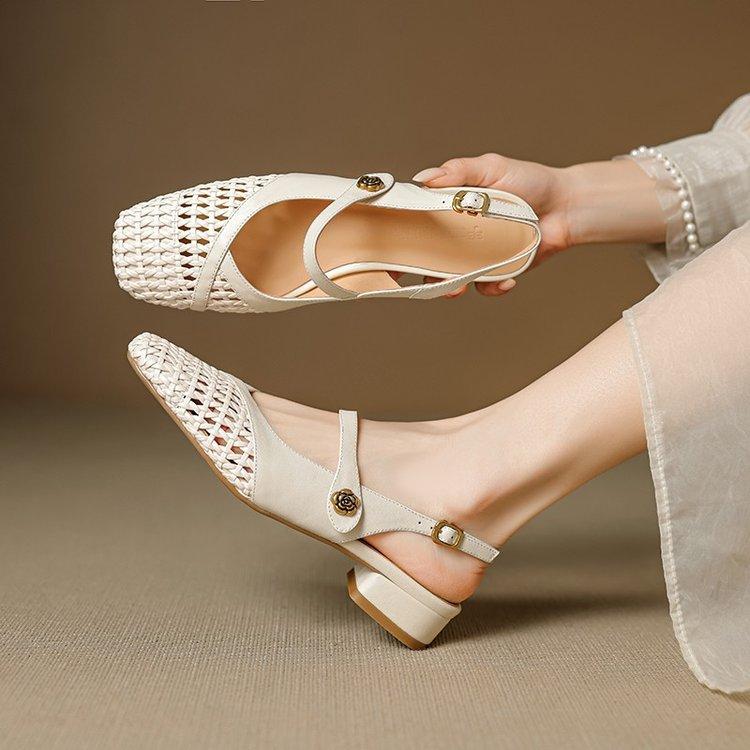 French beautiful woven hollow bag head sandals women's 2025 new summer low heel thick heel explosion Mary Jane sandals