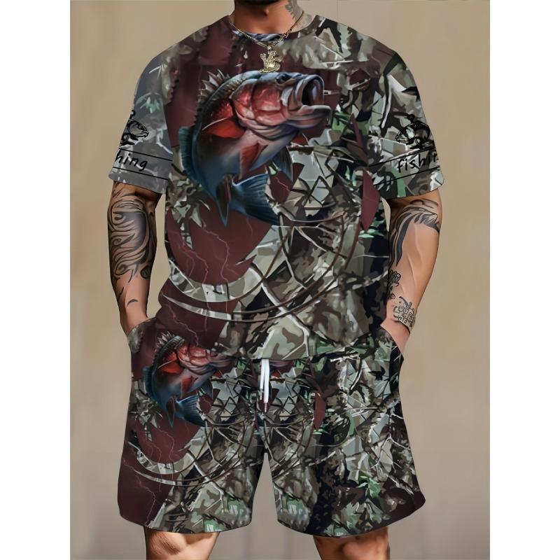 Men s Casual Angler Style Suit: O-Neck Top with Bold Fish Design & Elastic Waist Shorts. Breathable Activewear for Travel & Lounge S разноцветный