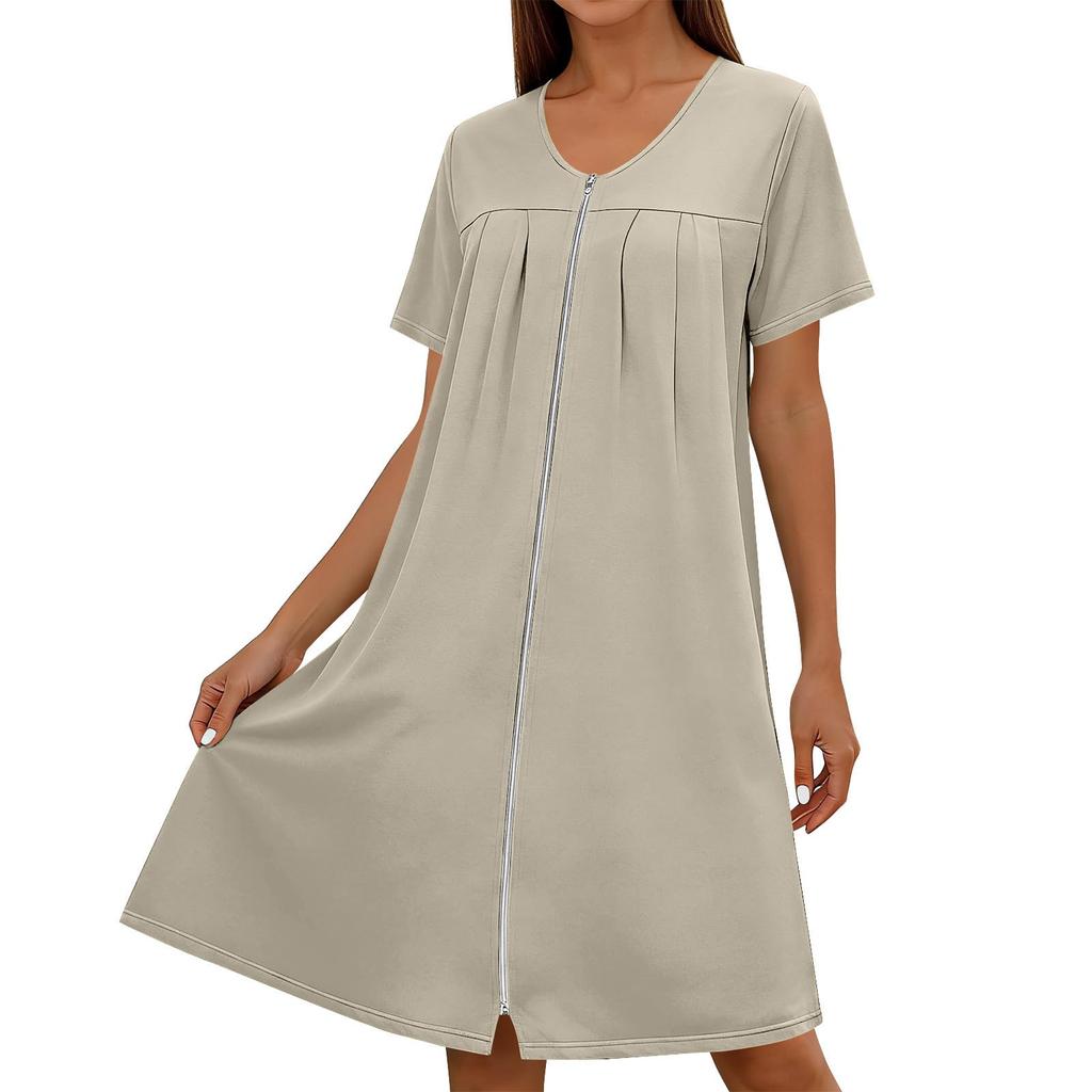 Women Short Sleeve Round Neck Zip Front Loose Fit Nightdress with Pockets Casual Home Lounge Dress Comfortable Design