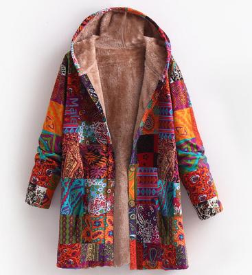 European & American Winter Women's Cotton & Linen Printed Hooded Sweatshirt with Warm Plush Lining.