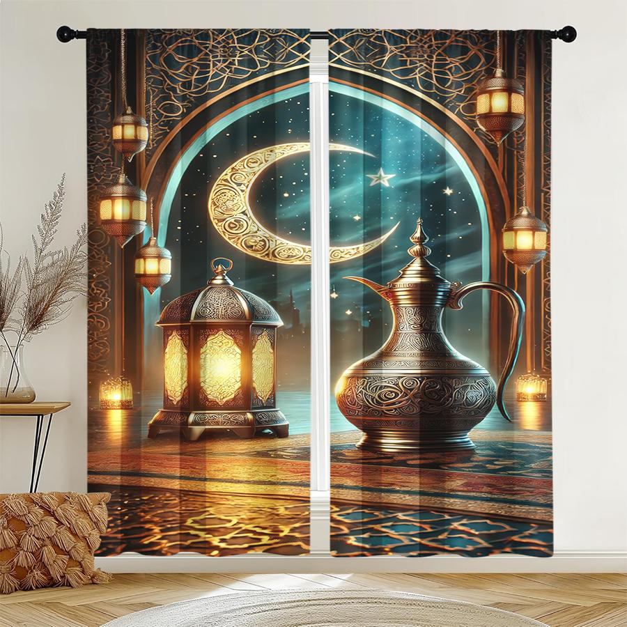 Luxe Islamic Lantern Crescent Curtains Ideal Ramadan Eid Window Decor Home Living Room Bedroom Curtain Set Of 2 Elegant Made Polyester Washable Area