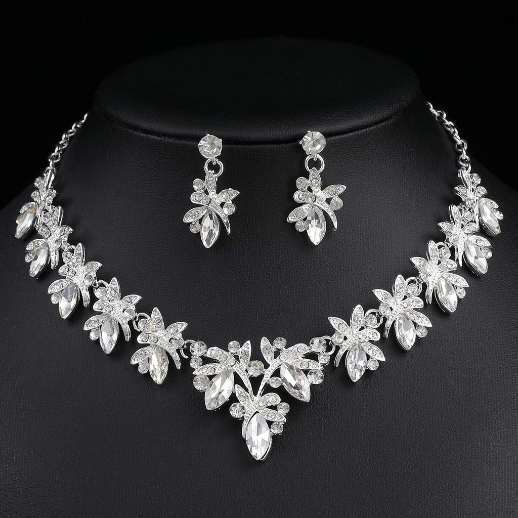 3pcs Retro Light Luxury Exquisite Water Droplet Necklace Earring Set - Alloy Zircon Inlaid Wedding Bride Dress Zircon