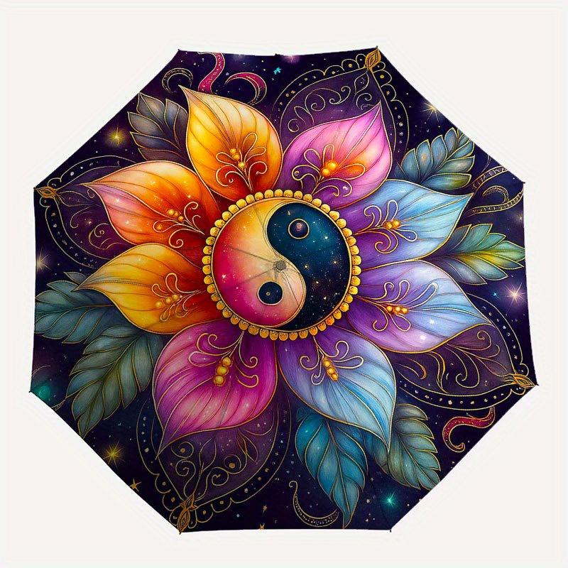 Yin Yang Lotus Mandala Wall Art Decor Umbrella, Cute Umbrella with Cute Design, Portable 3-Fold Compact Umbrella for Men & Women, Valentine's Day Moth
