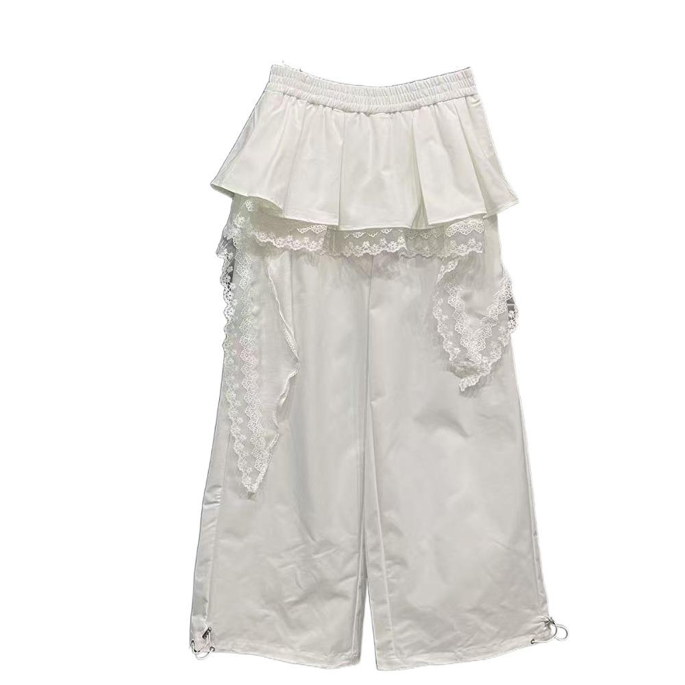 

High Waist Lace Tiered Skirt Pants Baggy Wide Leg Trousers Sweet Lace Patchwork Pants Lady S белый