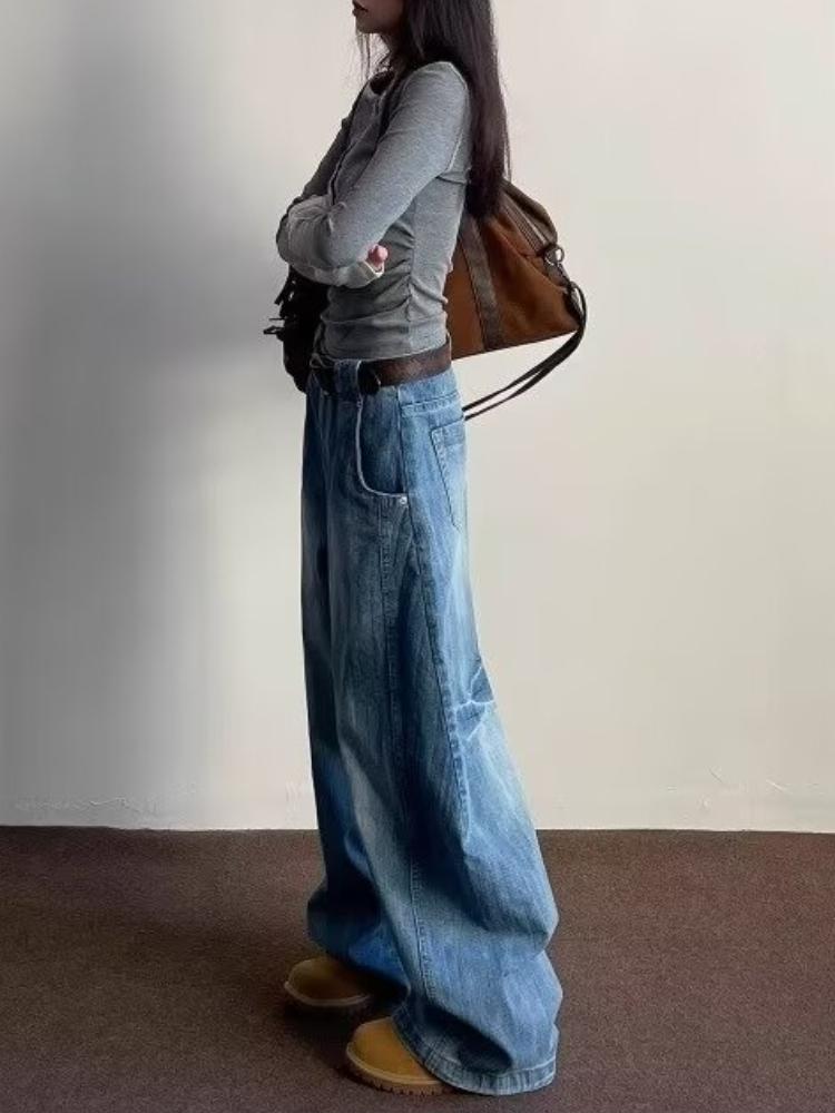 American Vintage High Street Vasket Vidde Jeans Dame 90-talls Retro Løse Motedesign Bukser Koreansk Elegant Denim Bukser Ins