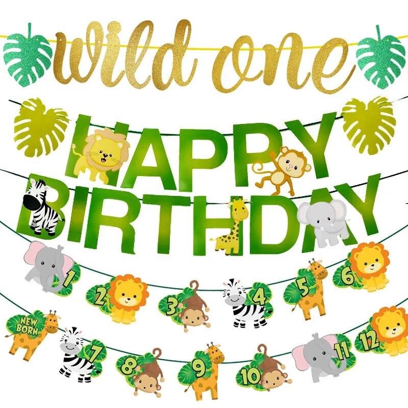 

Jungle Birthday Party Decor Animal Bunting Banner Garland Safari Wild One 1 Year Baby Happy Birthday Decoration Party Supplies