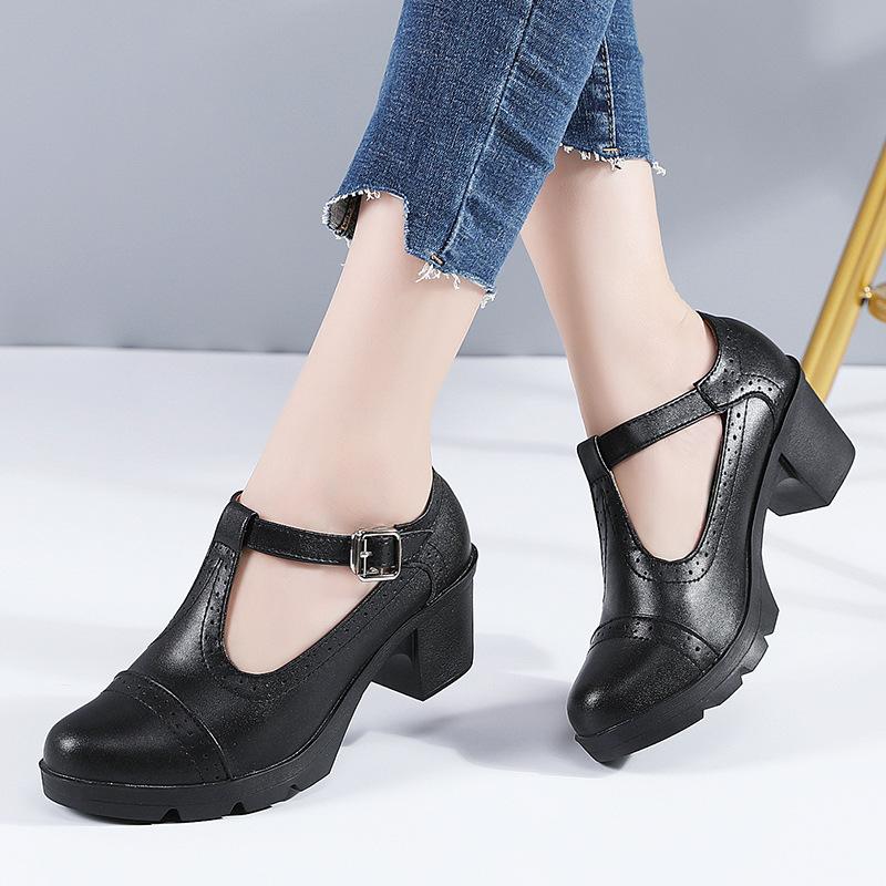 New Women Genuine Leather Buckle Strap Mary Janes Platform Shoes Woman Pumps High Heels Dress Shoes Retro Ladies Wedding Shoes