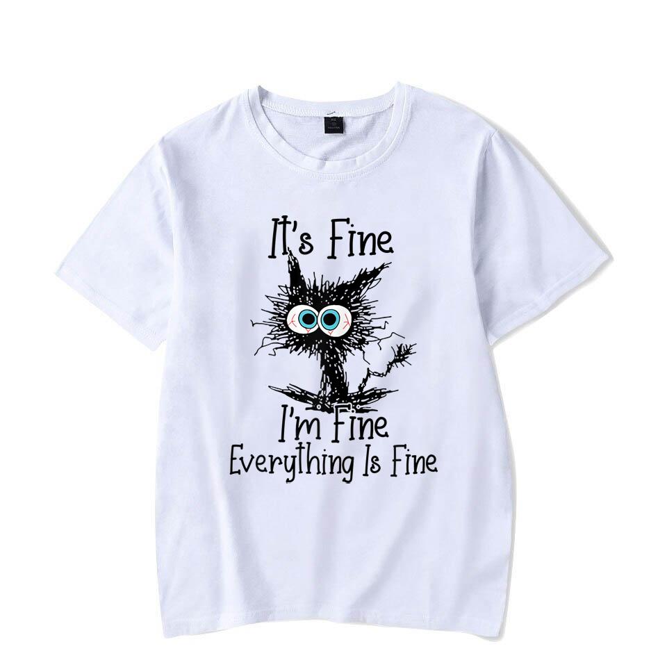 

Новые футболки с принтом Cat It s Fine I m Fine, модная футболка унисекс с короткими рукавами, летняя повседневная футболка XL белый