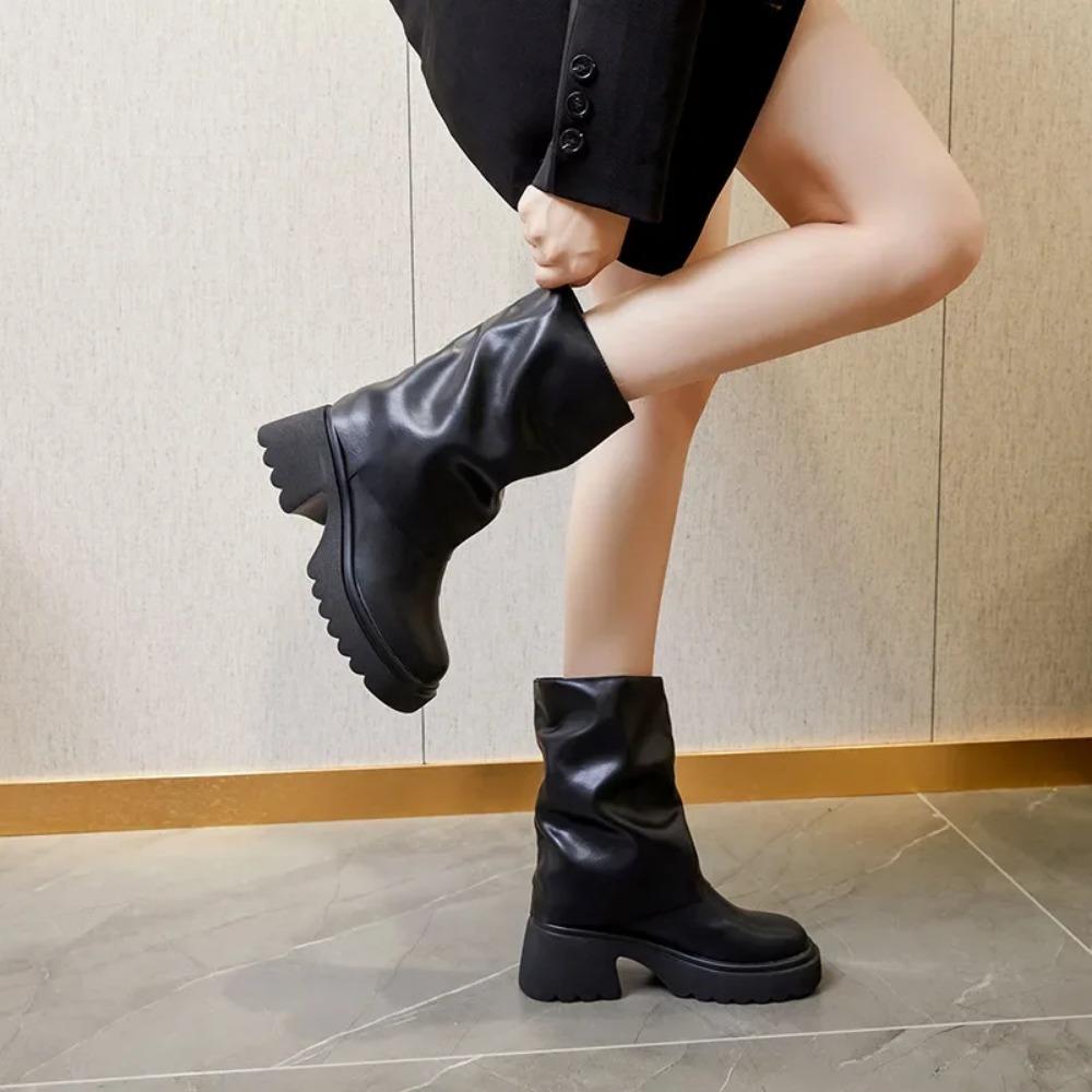 Herbst/Winter Dicksohlige Kurze Stiefel für Damen Neuer Stil Damen Erhöhtes Kleines Design Gefühl Hosenärmel Lederstiefel