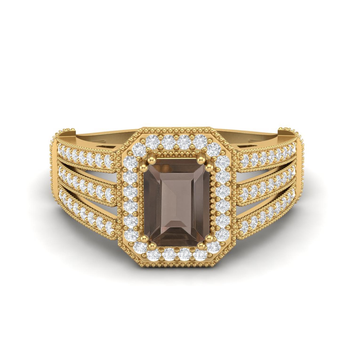 1.86 Ctw Emerald Cut Smoky Quartz 925 Sterling Silver Gold Vermeil Split Shank Halo Women Engagement Ring 6 жёлтый