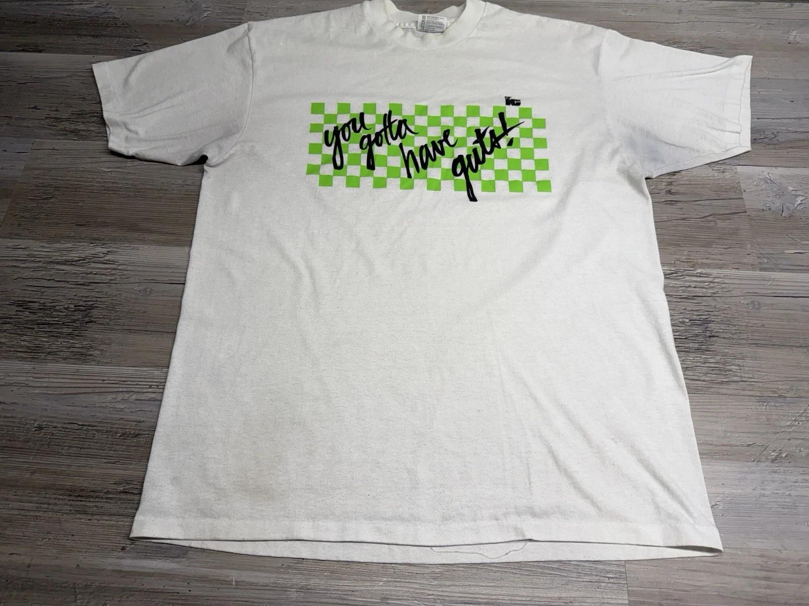 

Vintage Lime Green Checkerboard Tee 90s Gotta Have Guts Slogan USA Made XL Ska M
