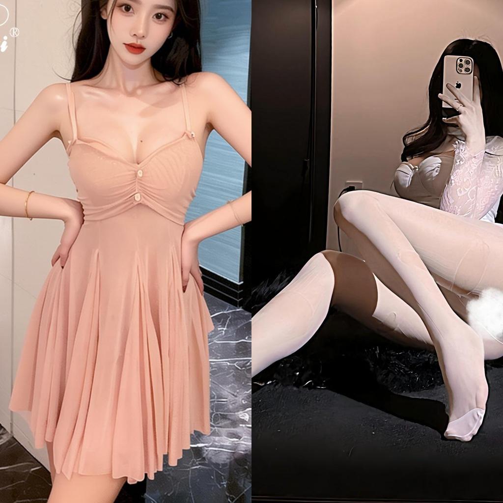 Erotic Lace Mesh Nightgown: Sexy Low-Cut See-Through Camisole Pajamas