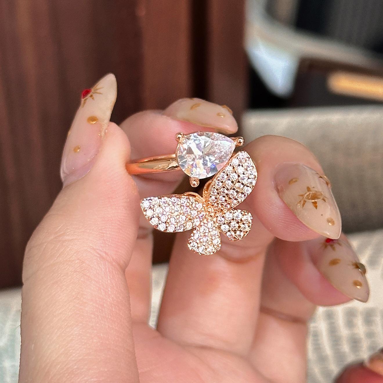 Xiaohongshu hot-selling diamond butterfly ring design light luxury ins style ring