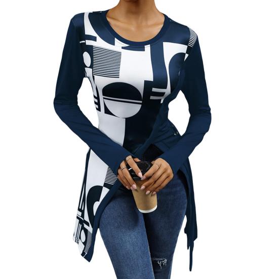 

Женские топы с круглым вырезом и длинным рукавом, приталенная футболка с геометрическим принтом S темно-синий