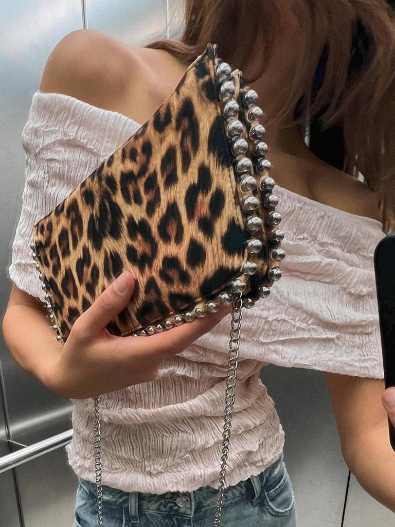 2025 Luxury Desginer Women Fashion Leopard Rivet Evening Clutch Bag Trendy Brand Chains Crossbody Shoulder Bag Bead Square Bag