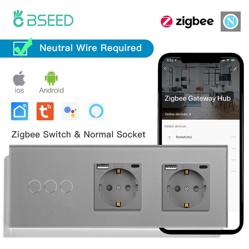 BSEED Zigbee Smart Light Switches 1/2/3 Gang Alexa Tuya Smart Life Compatible Plus Wall Socket With USB Type-C Ports EU Standard