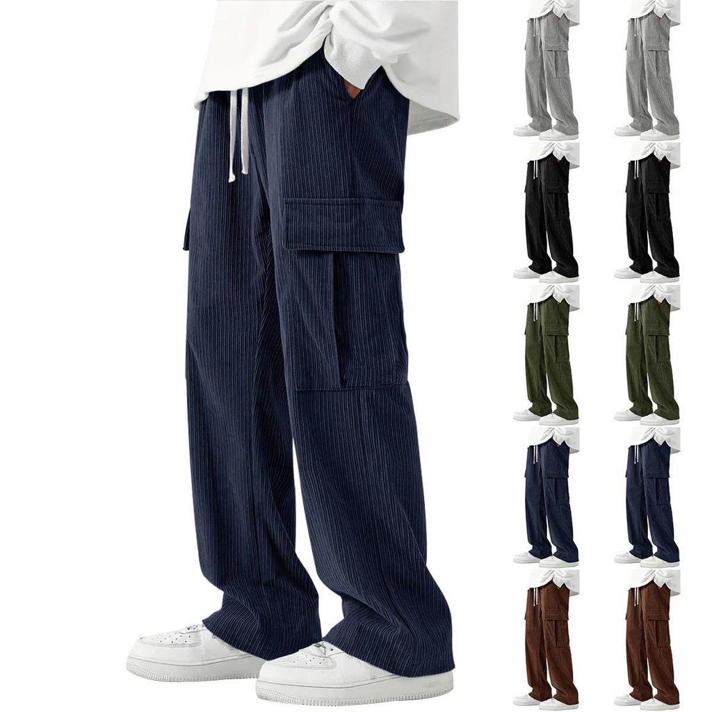 Tooling Men's Corduroy Loose Wide Leg Straight Versatile Casual Pants Army Green Multi-Pocket
