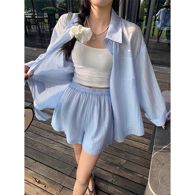 

Women s Loose Casual Sports Set: Thin Sun Protection Long Sleeve Shirt & Wide Leg Shorts - New Korean Summer Style S (Recommended 37.5-45kg)