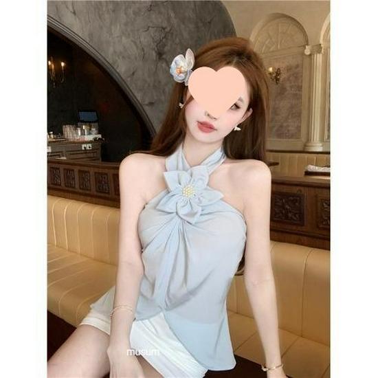 

3D Floral Halter Slit Tank Top - Women s Summer Vacation Style Medium светло-синий