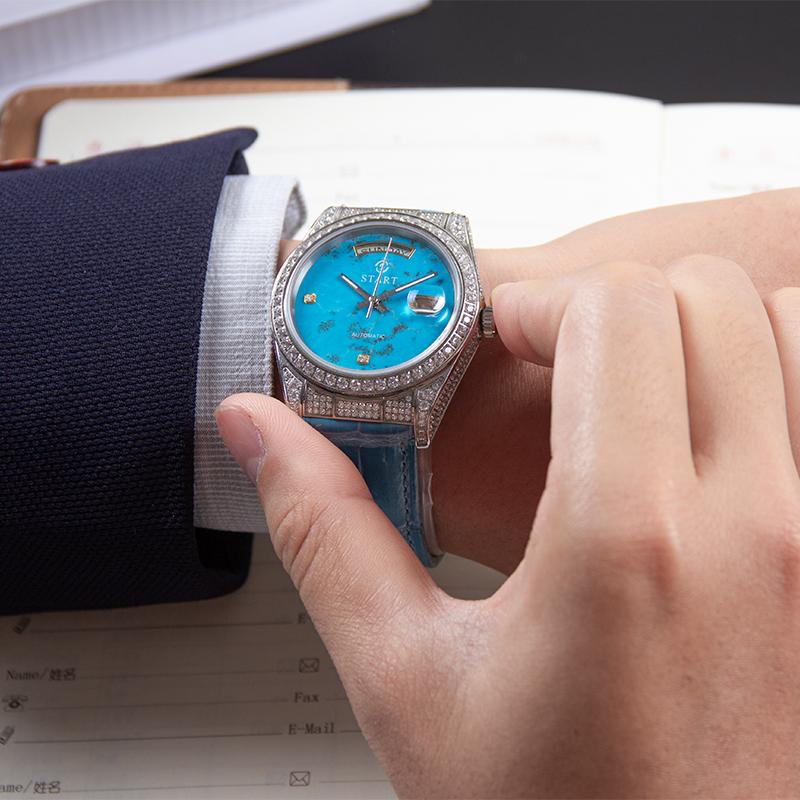 START-Turquoise Men's Watch Diamond Watch Week Function Automatic Mechanical Watch Butterfly Buckle Alligator Leather Strap