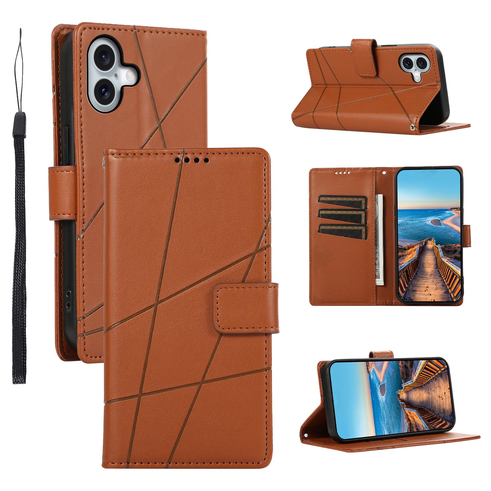 

For iPhone 17 Phone Case Line Imprint Leather Wallet Cover with Wrist Strap Brown