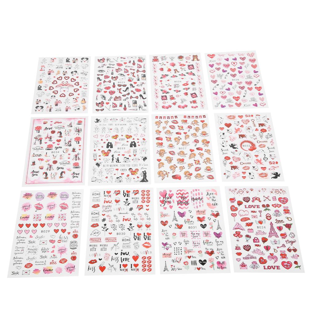 12 Sheets Valentine's Day Nail Art Stickers Red Lips Heart Shape Nail Decal Decoration