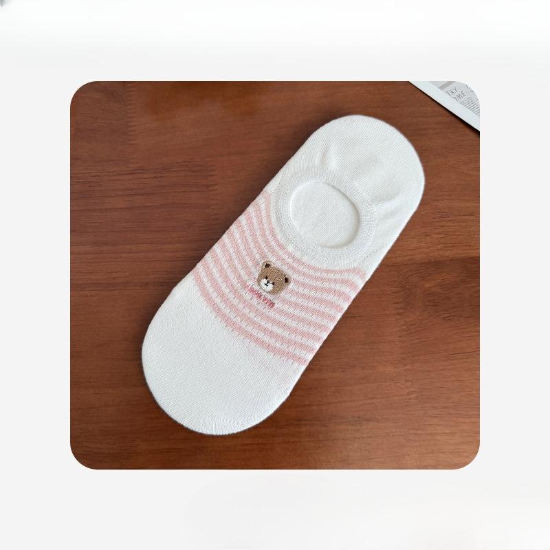 Female Spring and Summer Embroidery Bear Thin Silicone Non Slip Sweat Absorption Breathable Heel Socks