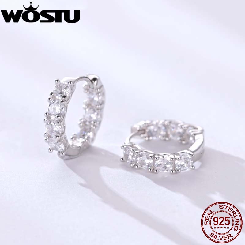 WOSTU Real 925 Silver Full of Zircon Circel Hoop Earrings For Women S925 Wedding Round Crystal Pendientes Jewelry Gift
