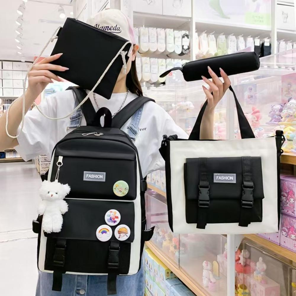 New schoolbag backpack women's Korean version canvas large capacity five-piece set middle school student backpack student schoolbag women